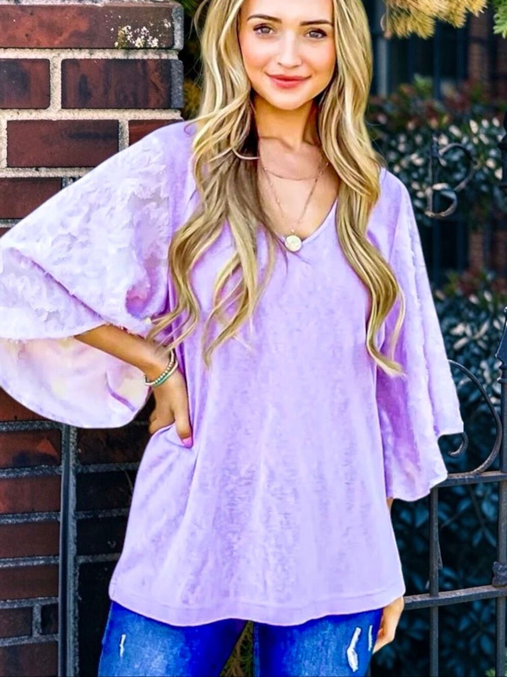 Lilac Floral Sheer Bell Sleeve V Neck Boho Slub Top | Boutique NEW